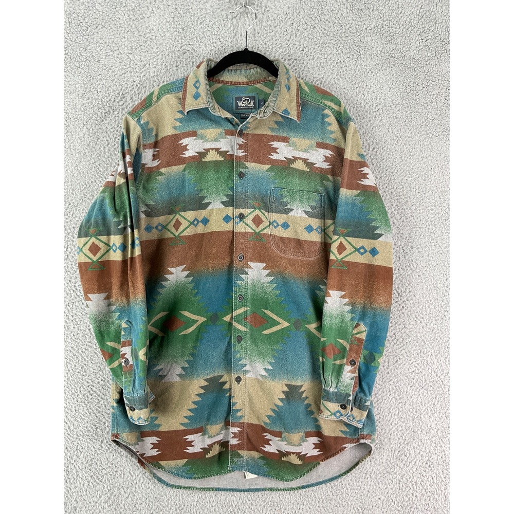 Woolrich Flannel Shirt Mens L Green Southwestern Aztec Cotton Vintage 90s USA